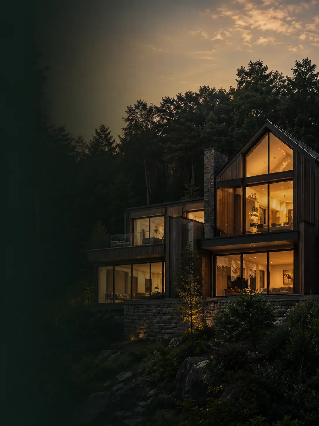 Modern luxury custom home with warmly lit floor-to-ceiling windows at dusk, dark cedar siding, forested ridgeline behind