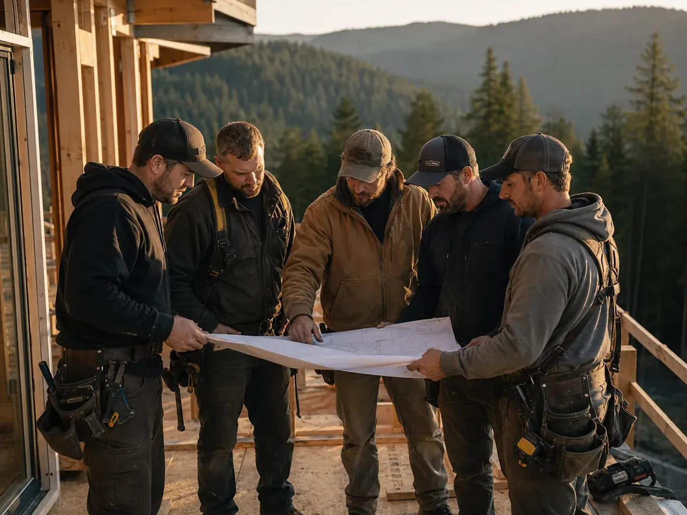 Ridgeline Builders crew reviewing plans together on the framed deck of a house under construction